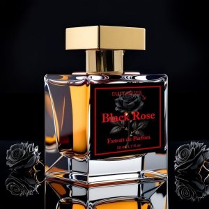 Black Rose 50ml Flakon auf schwarzem Hintergrund mit schwarzen Rosen